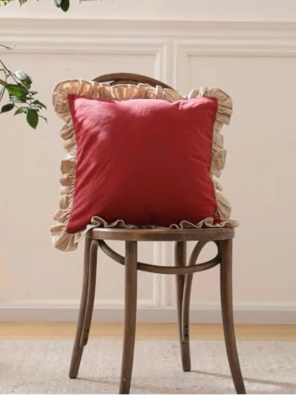 Red Ruffled Throw Pillow Pair with Cream Trim